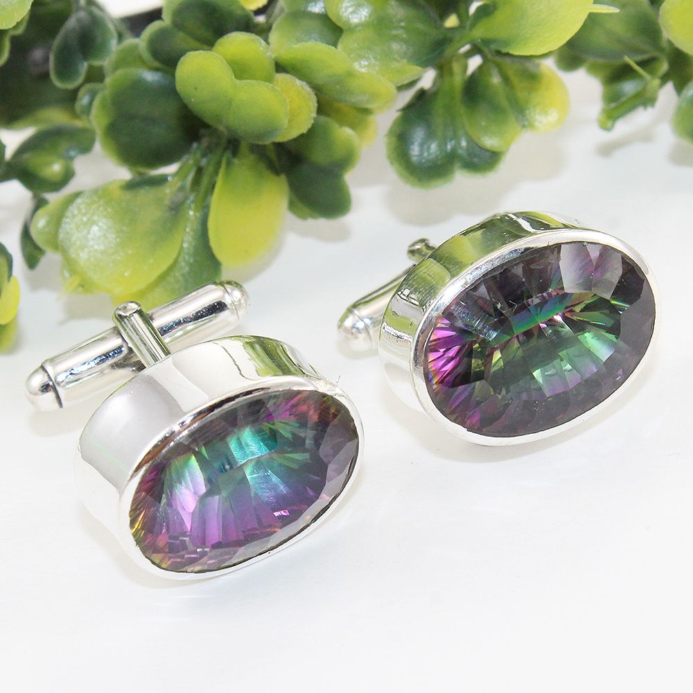 925 Sterling Silver Oval Mystic Quartz Cuff Link for Mens