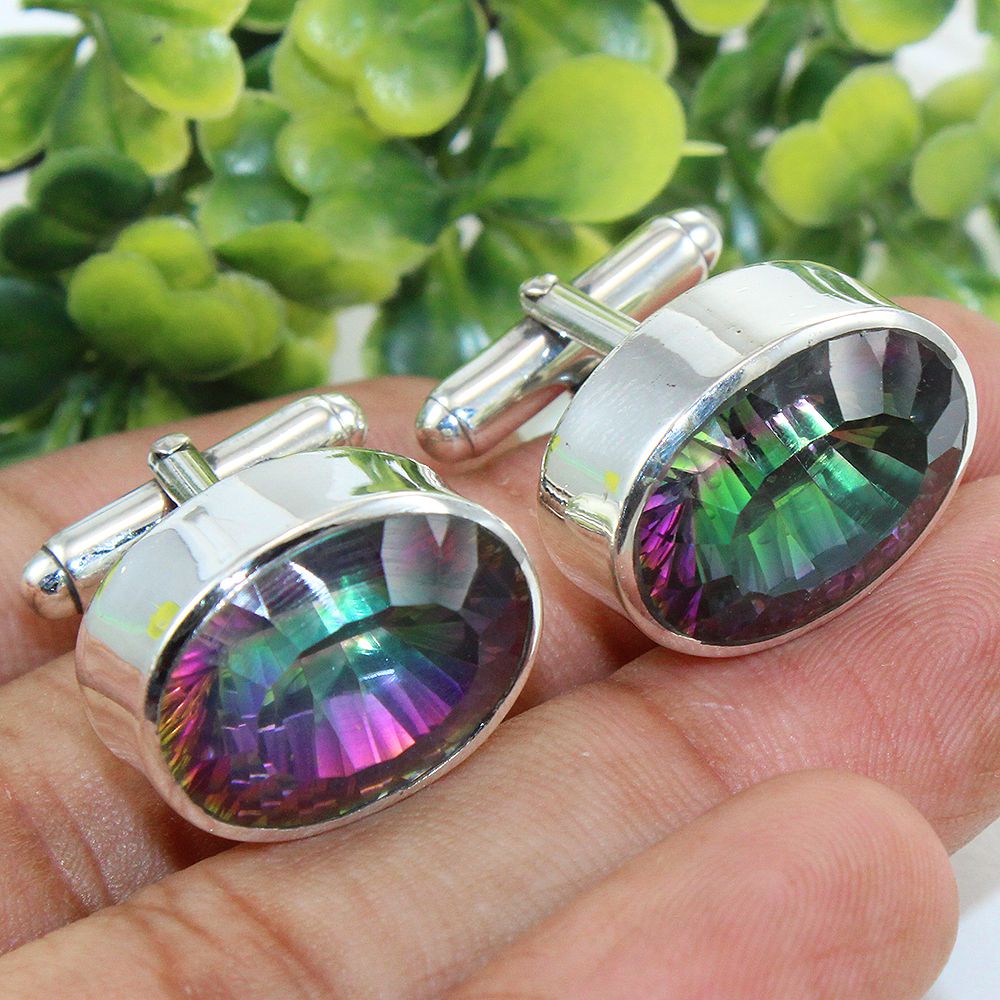 925 Sterling Silver Oval Mystic Quartz Cuff Link for Mens