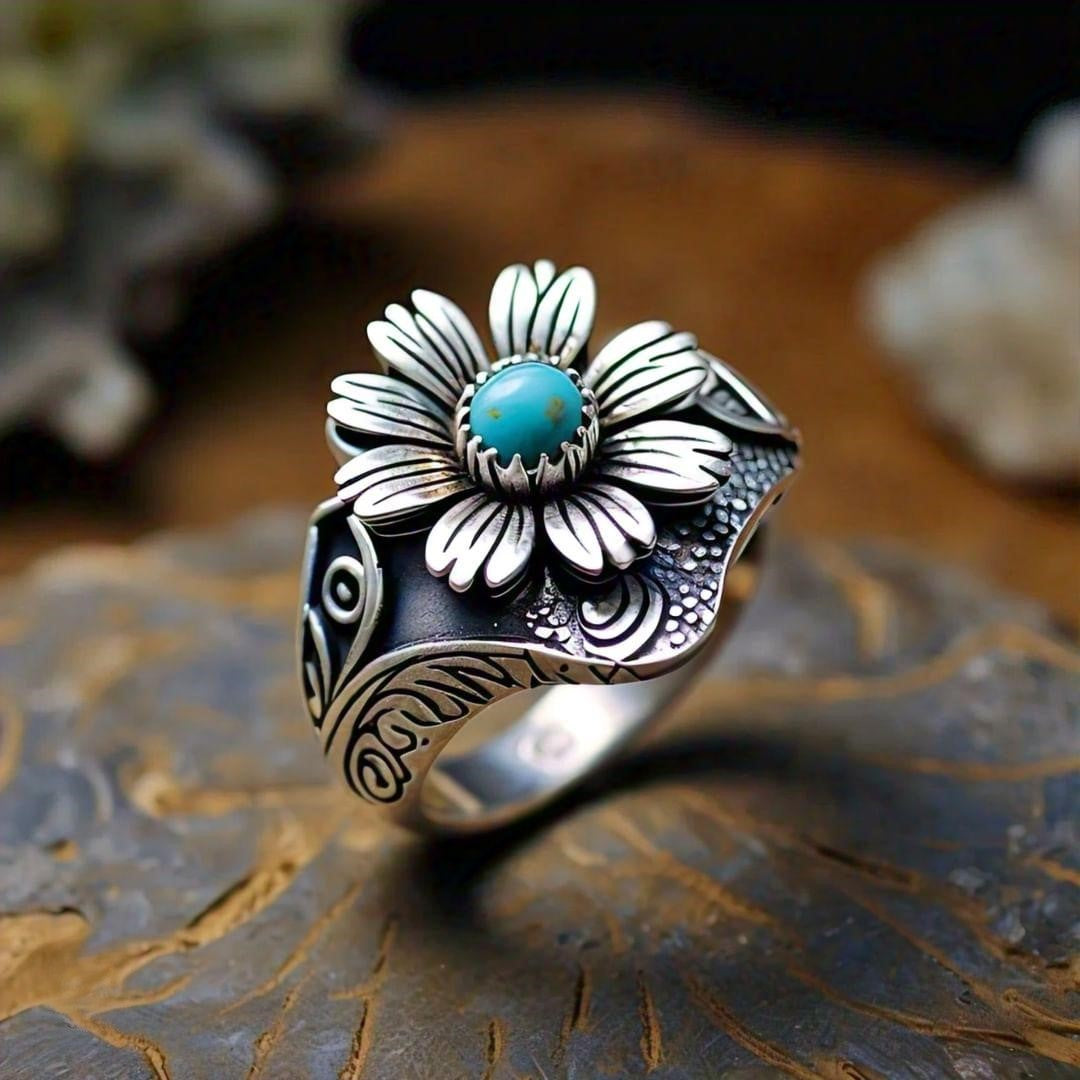 Daisy Turquoise Ring 925 Silver Handmade Jewelry