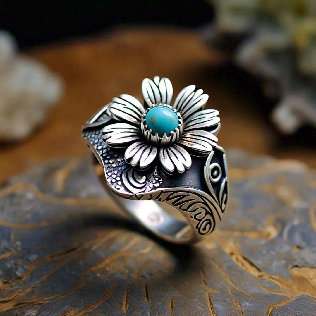 Daisy Turquoise Ring 925 Silver Handmade Jewelry