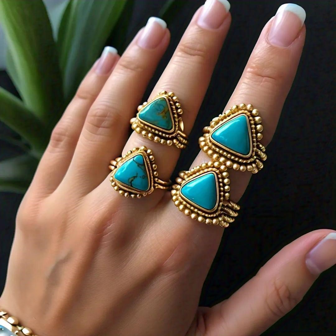 Bohemian Gold Turquoise Ring 925 Silver Handmade Beaded Jewelry