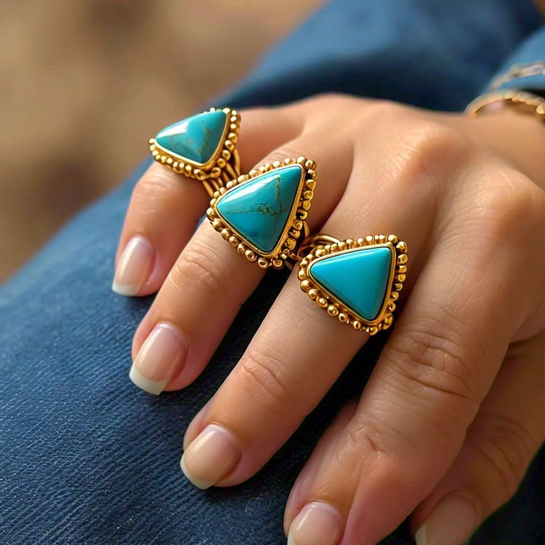 Bohemian Gold Turquoise Ring 925 Silver Handmade Beaded Jewelry