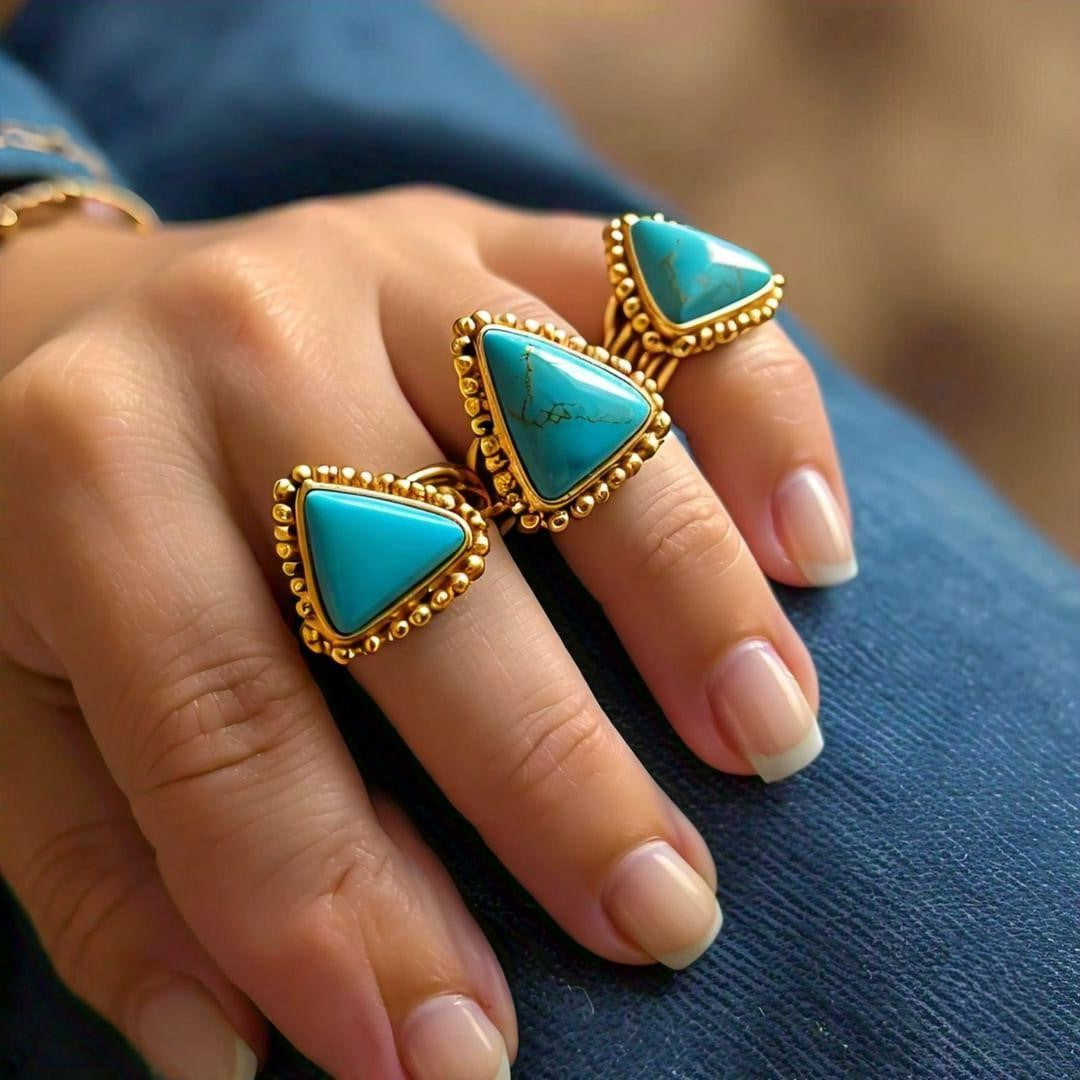 Bohemian Gold Turquoise Ring 925 Silver Handmade Beaded Jewelry