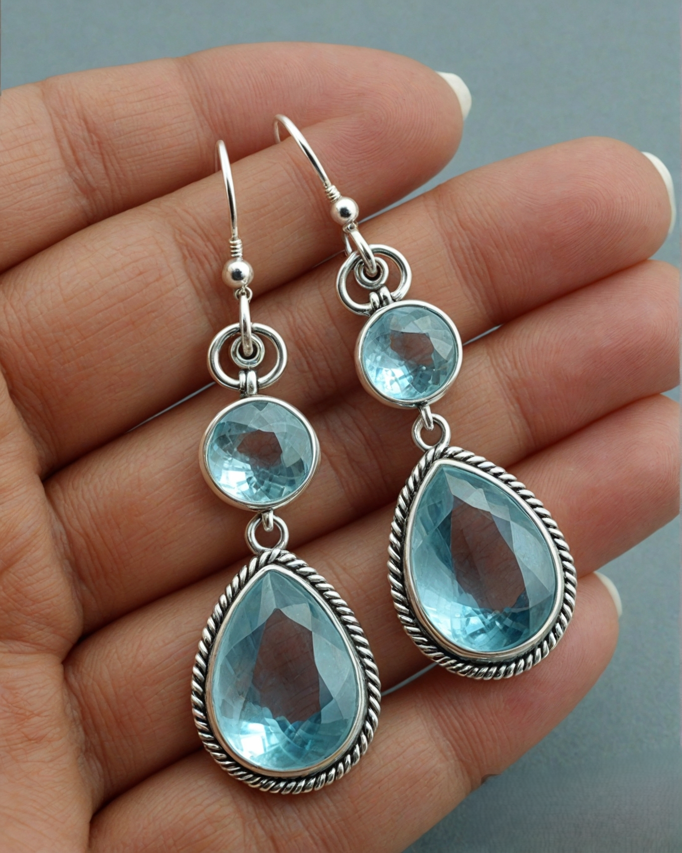 Aqua Chalcedony Drop Sterling Silver Handmade Earring