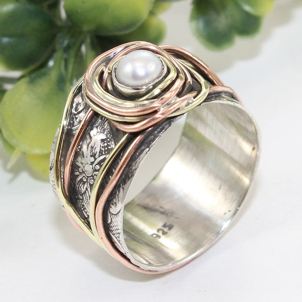 Floral Texture Wire Wrapped Pearl Ring in 925 Silver