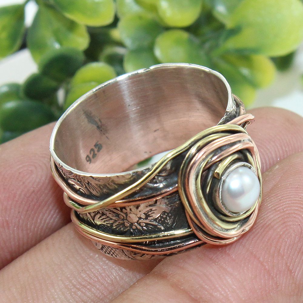 Floral Texture Wire Wrapped Pearl Ring in 925 Silver