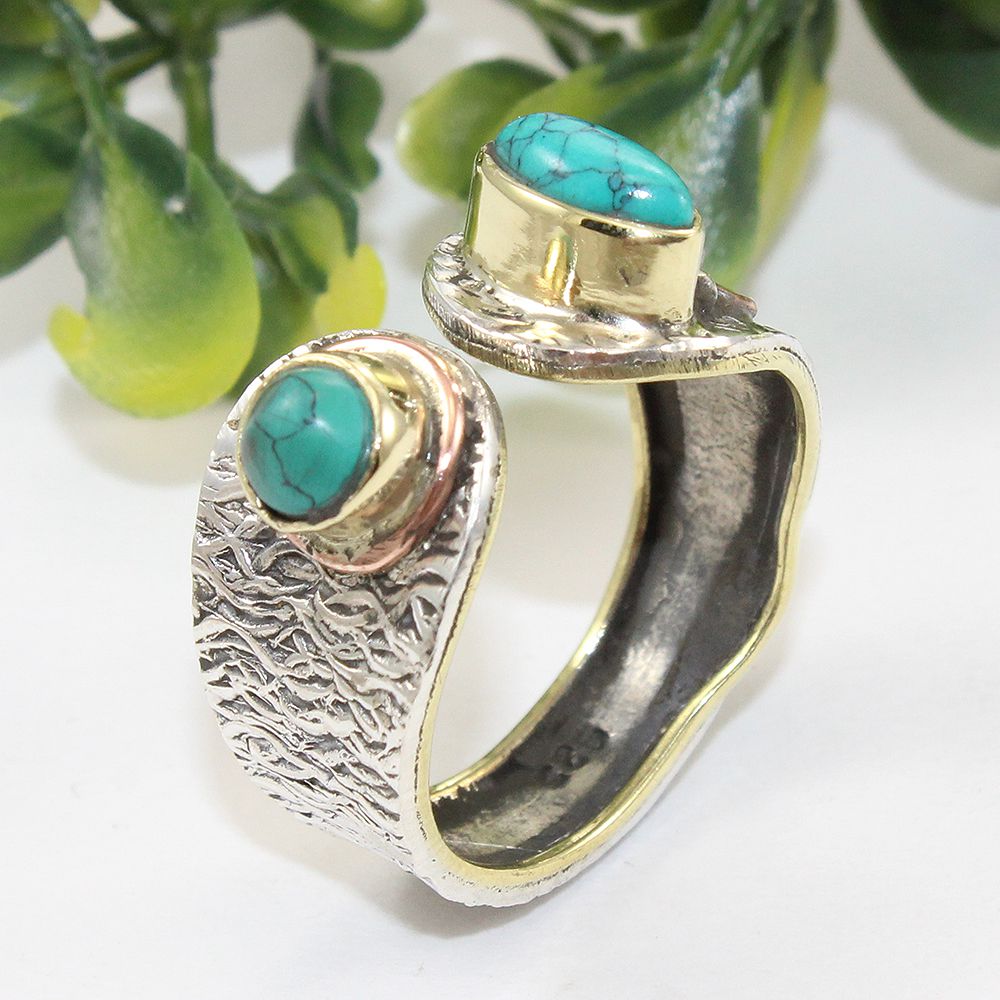 Adjustable Turquoise Ring Handmade 925 Silver Tree Texture Band