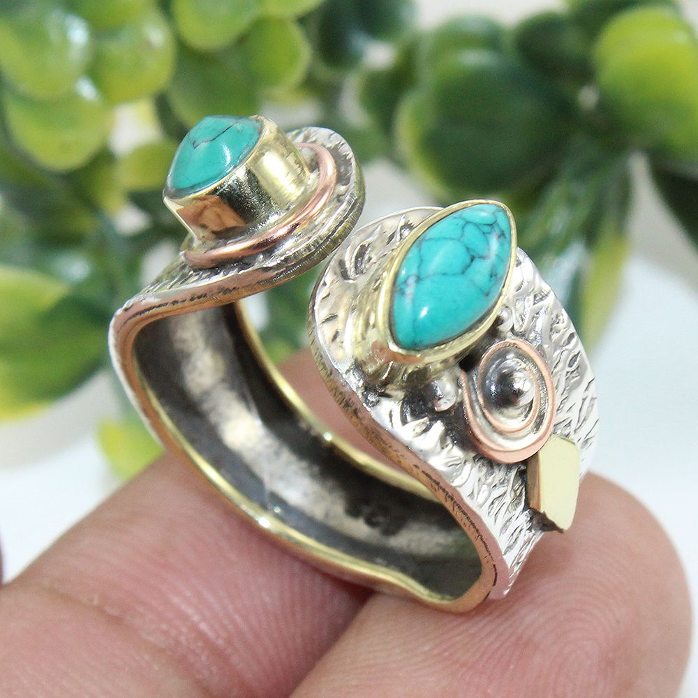 Adjustable Turquoise Ring Handmade 925 Silver Tree Texture Band