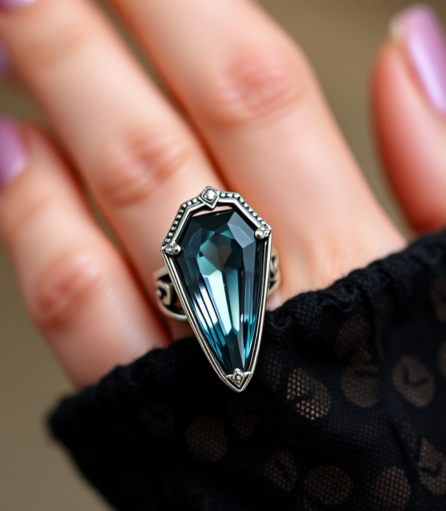 Coffin Shape 925 Silver Blue Topaz Birthstone Ring