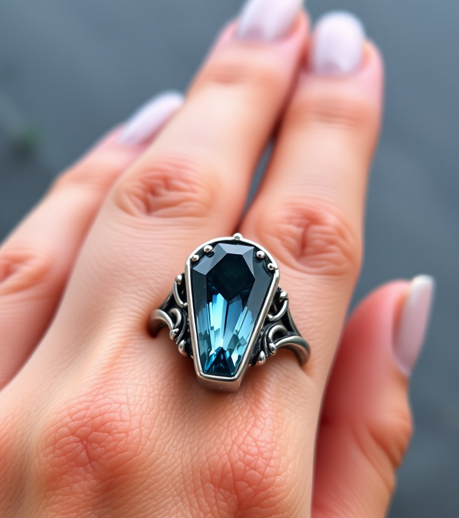 Coffinn Shape December Birthstone Blue Topaz Ring in 925 Silver