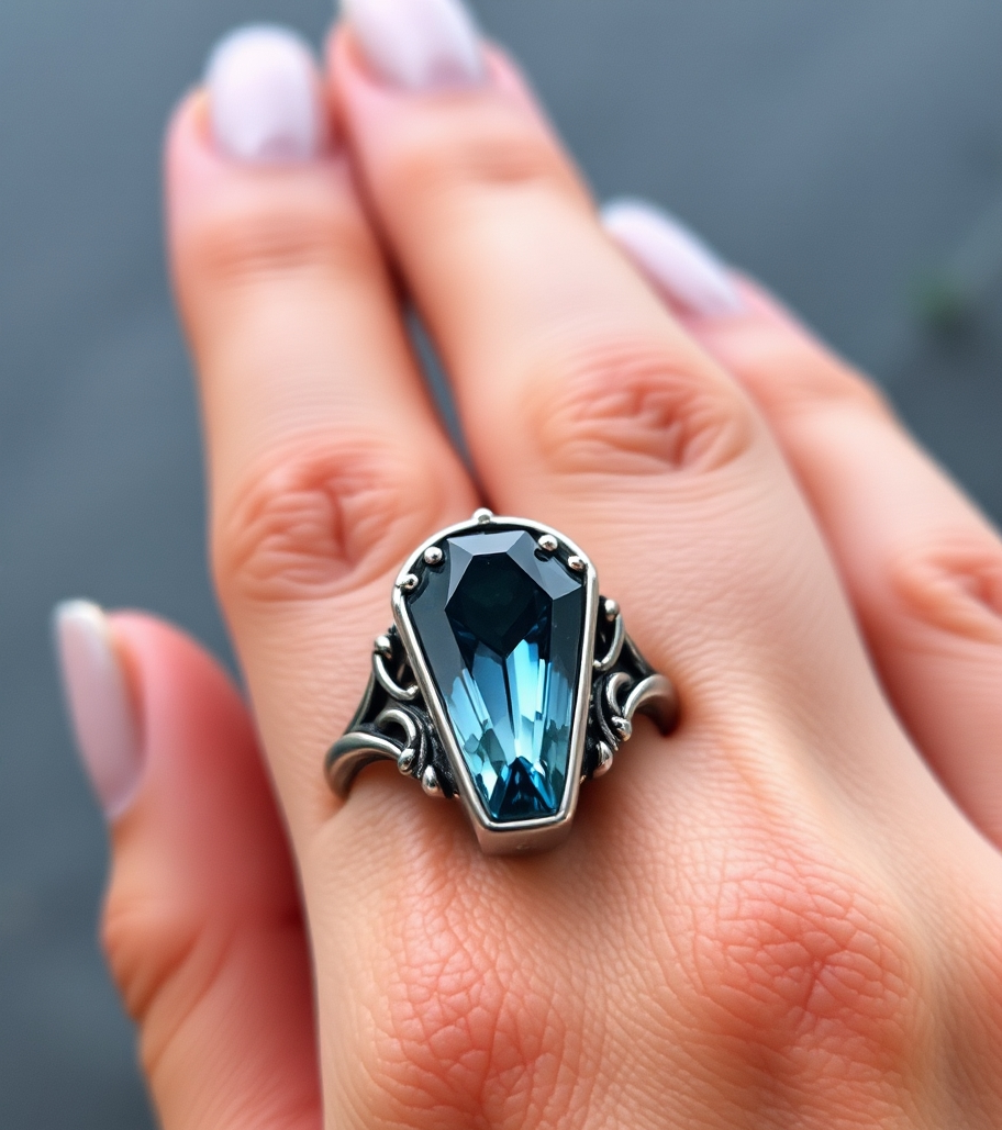 Coffinn Shape December Birthstone Blue Topaz Ring in 925 Silver