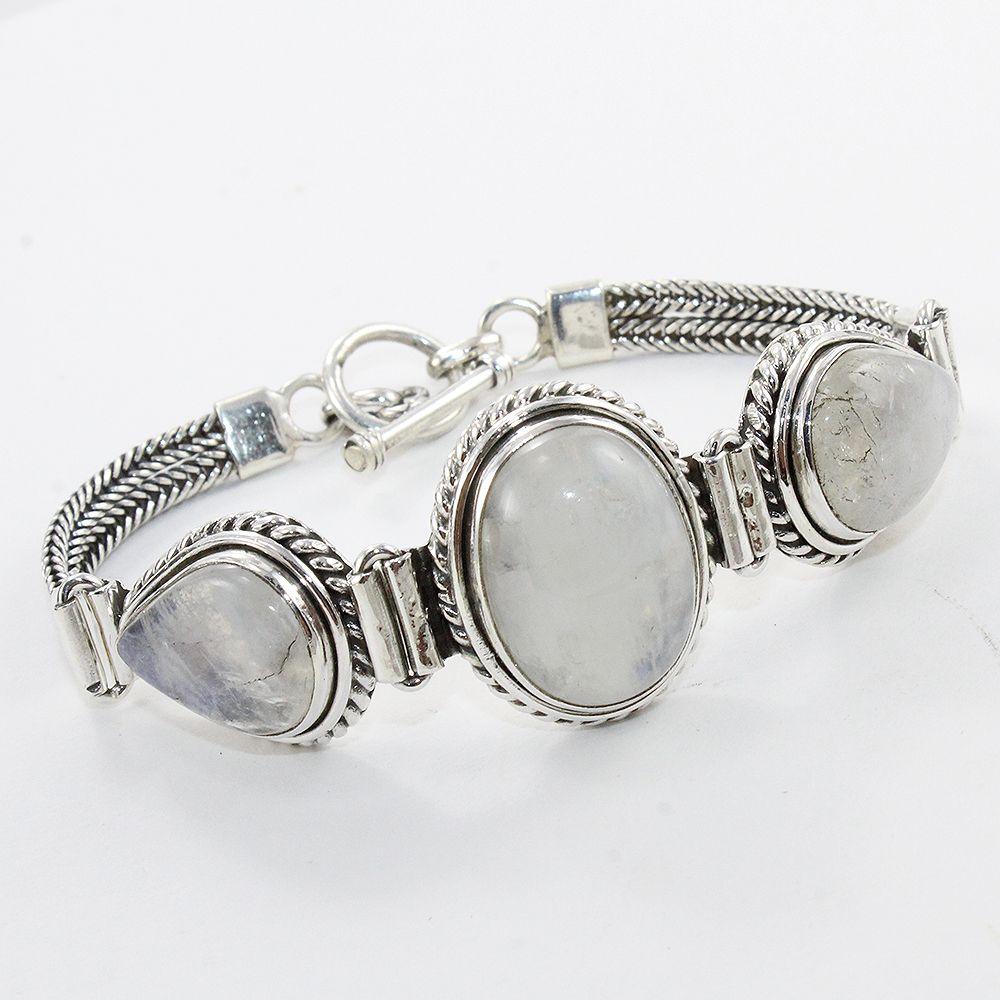 925 Silver Three Moonstone Link Chain Bracelets for Woman