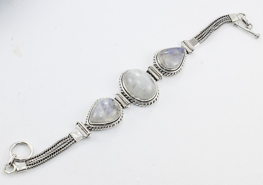 925 Silver Three Moonstone Link Chain Bracelets for Woman