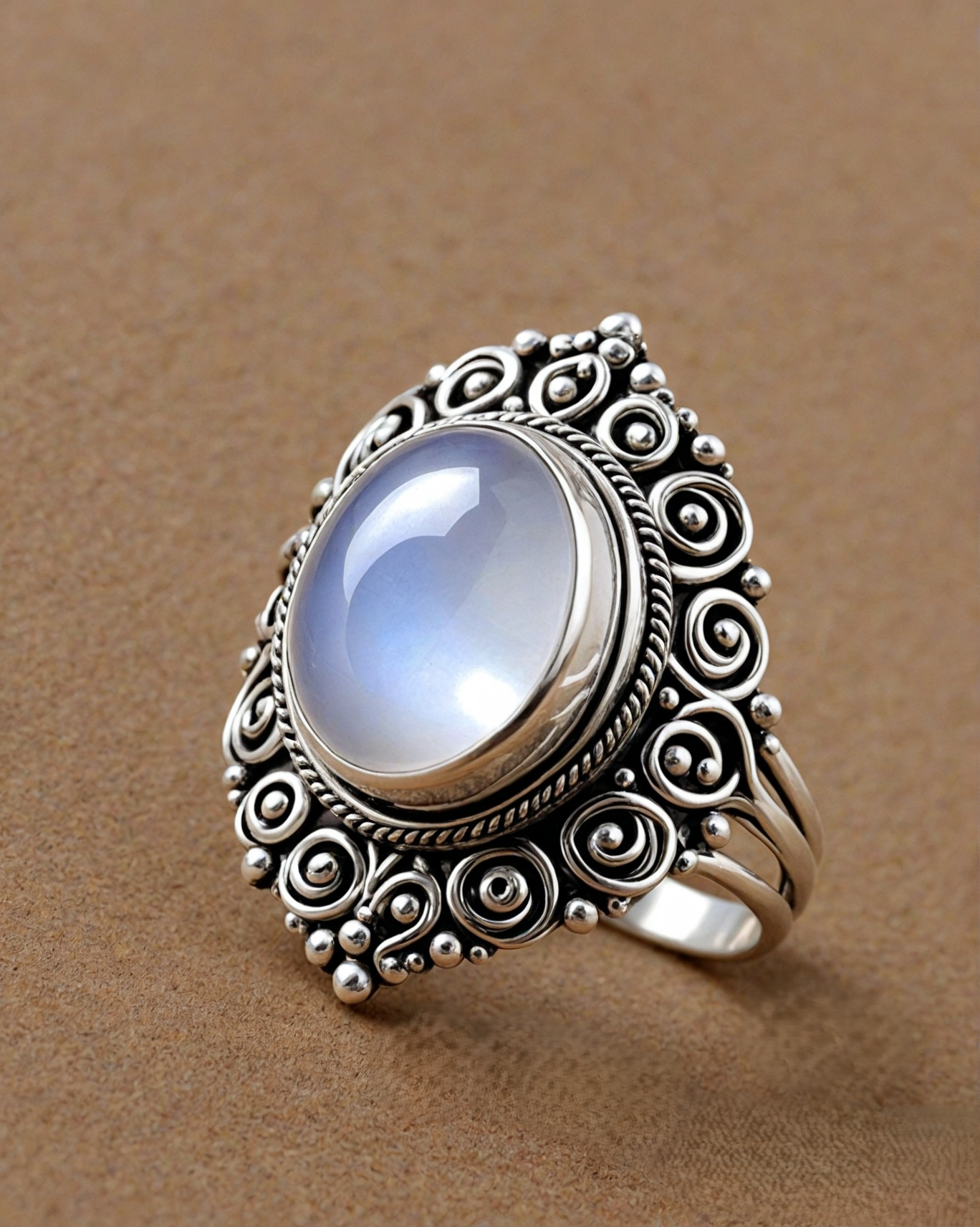Bohemian Round Moonstone Ring 925 Silver Handmade Jewelry