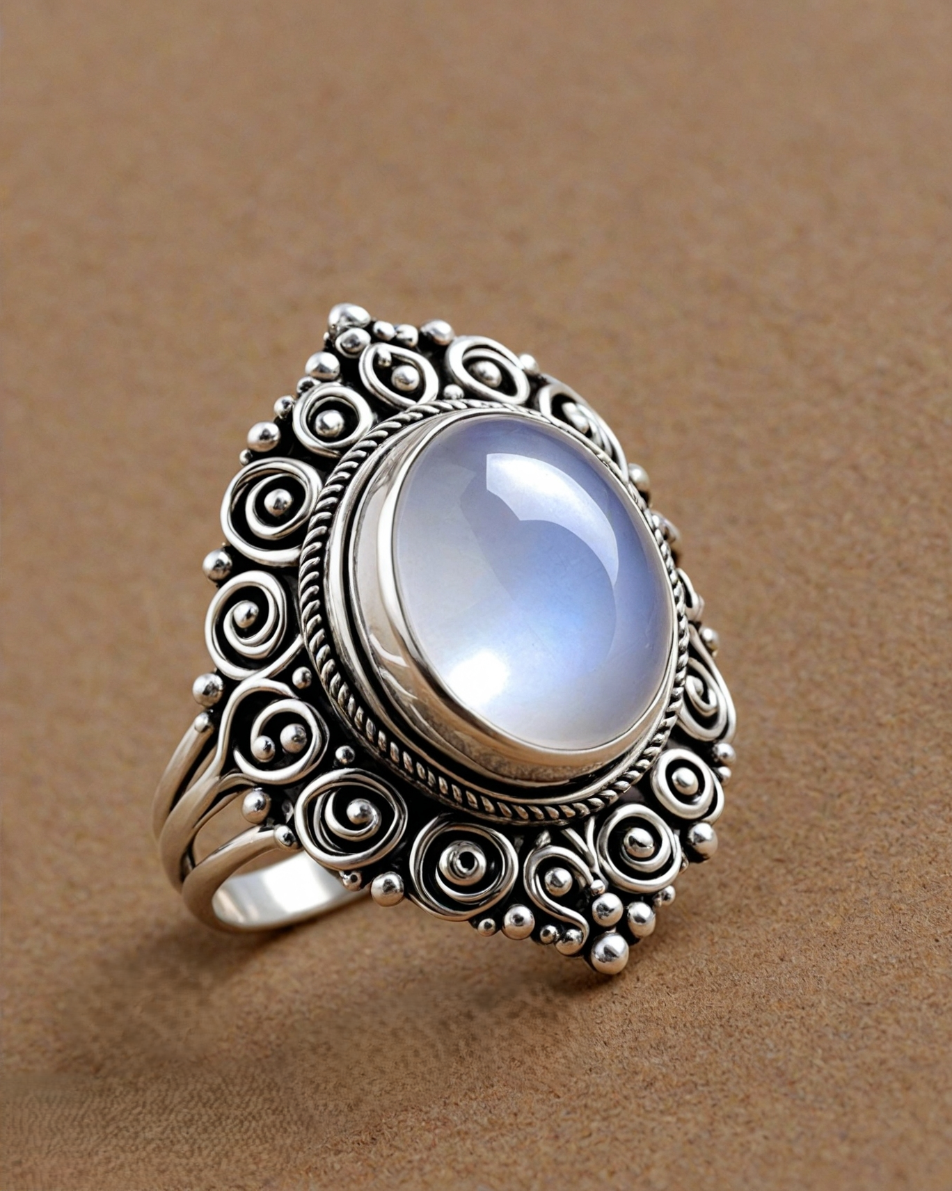 Bohemian Round Moonstone Ring 925 Silver Handmade Jewelry