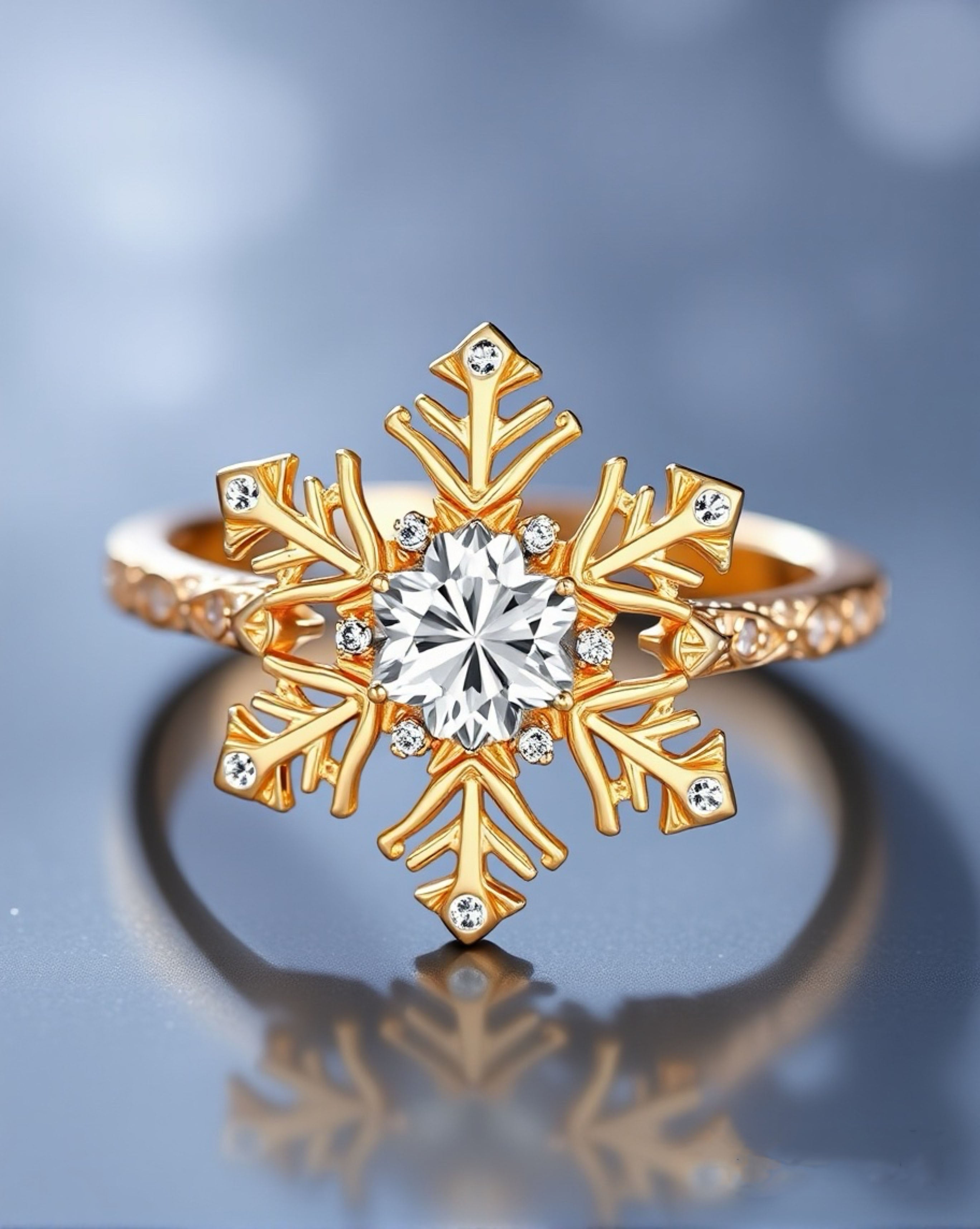 Gold Snowflake Ring 925 Silver Perfect Christmas Gift for Her