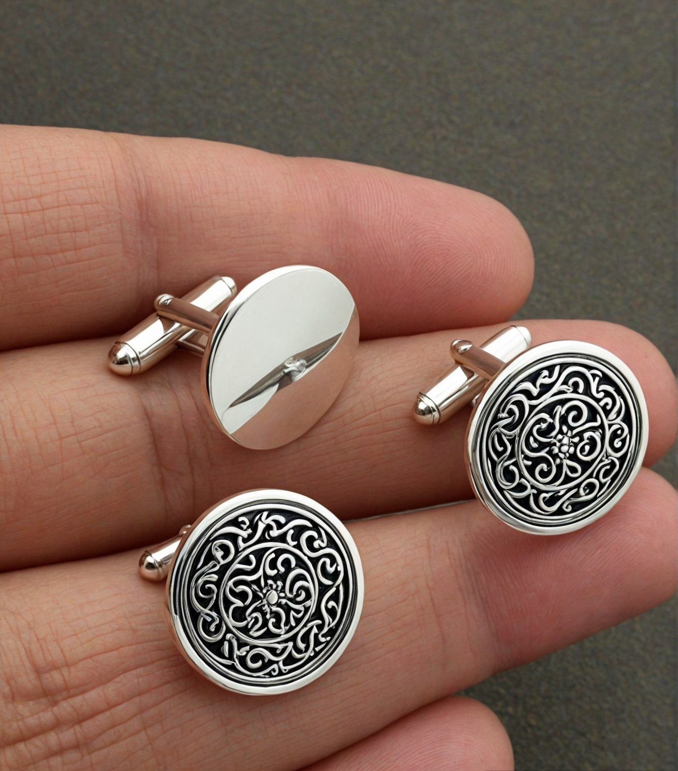 "Handmade 925 sterling silver carved oxidized round cuff links for men – elegant vintage-style jewelry accessory"