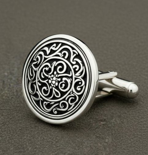 "Handmade 925 sterling silver carved oxidized round cuff links for men – elegant vintage-style jewelry accessory"