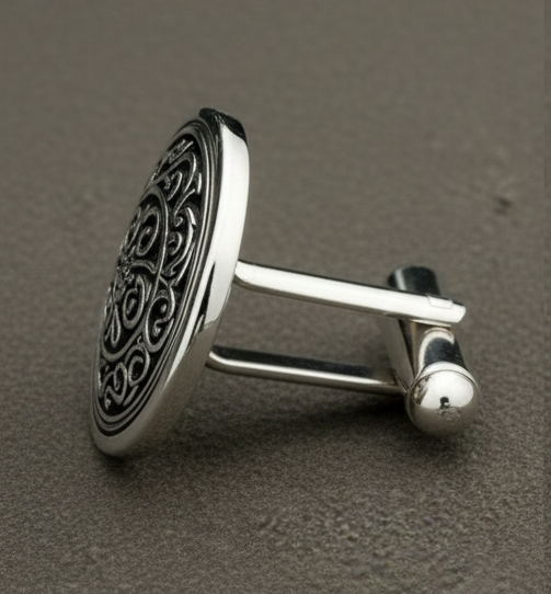 "Handmade 925 sterling silver carved oxidized round cuff links for men – elegant vintage-style jewelry accessory"