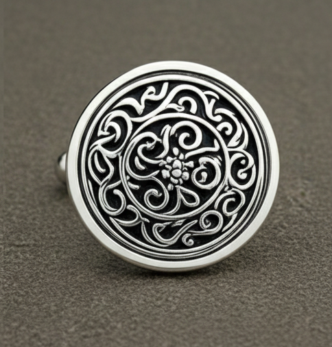 "Handmade 925 sterling silver carved oxidized round cuff links for men – elegant vintage-style jewelry accessory"