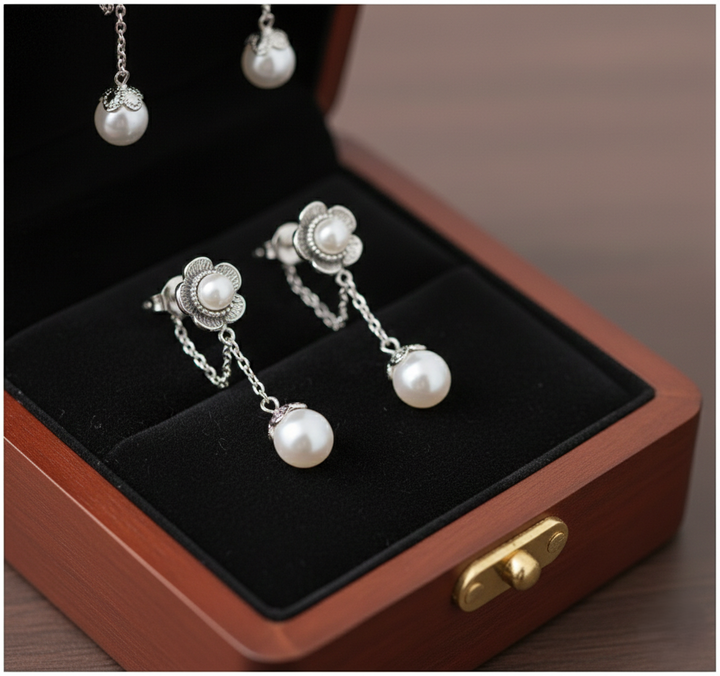 925 sterling silver handmade drop pearl flower earrings with genuine freshwater pearl dangles for women. 🌸🤍✨