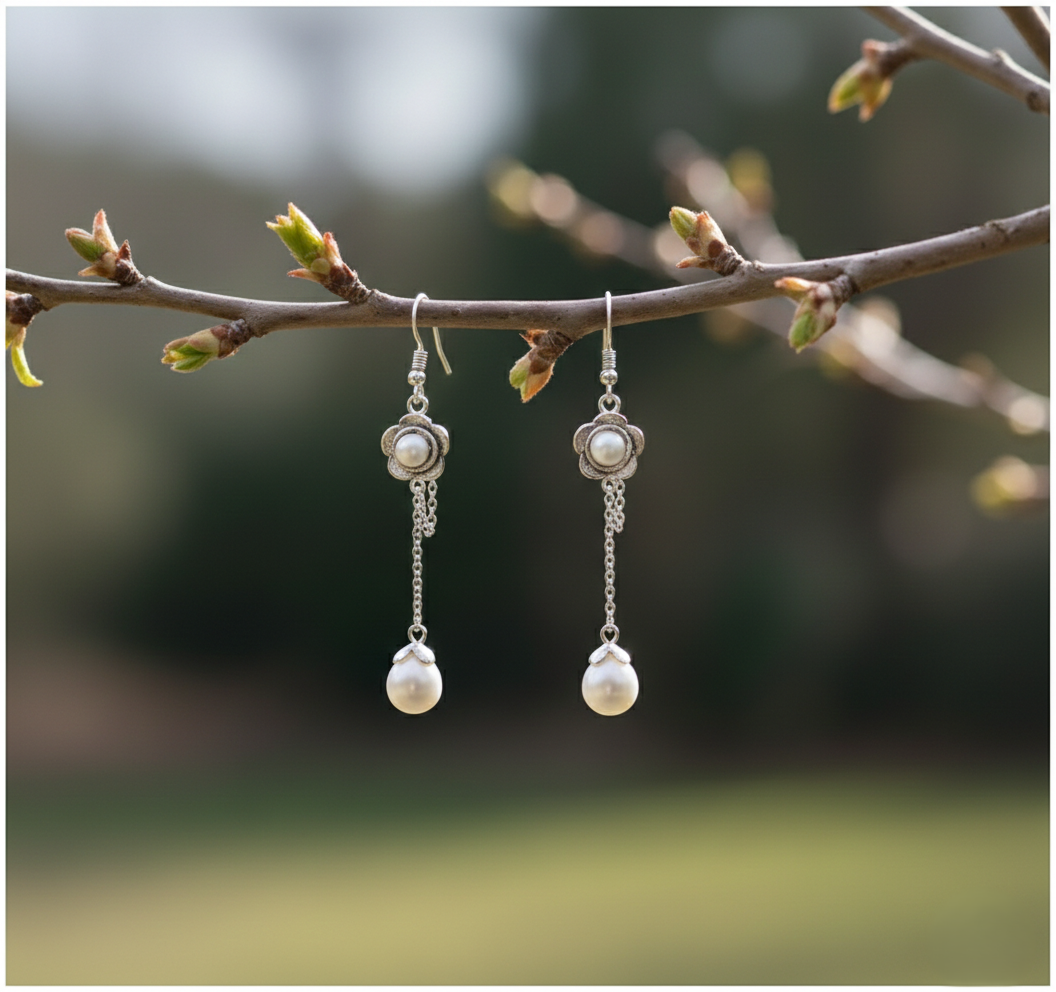 925 sterling silver handmade drop pearl flower earrings with genuine freshwater pearl dangles for women. 🌸🤍✨