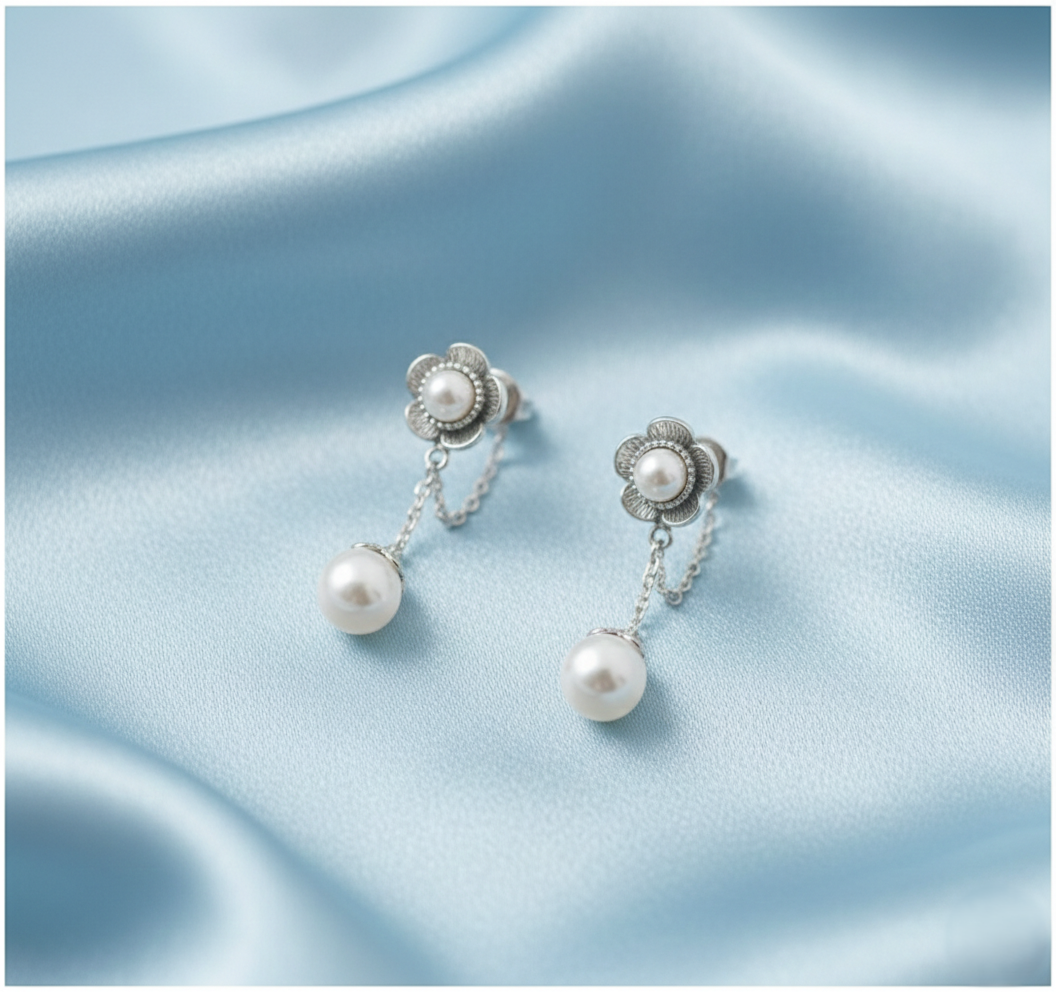925 sterling silver handmade drop pearl flower earrings with genuine freshwater pearl dangles for women. 🌸🤍✨