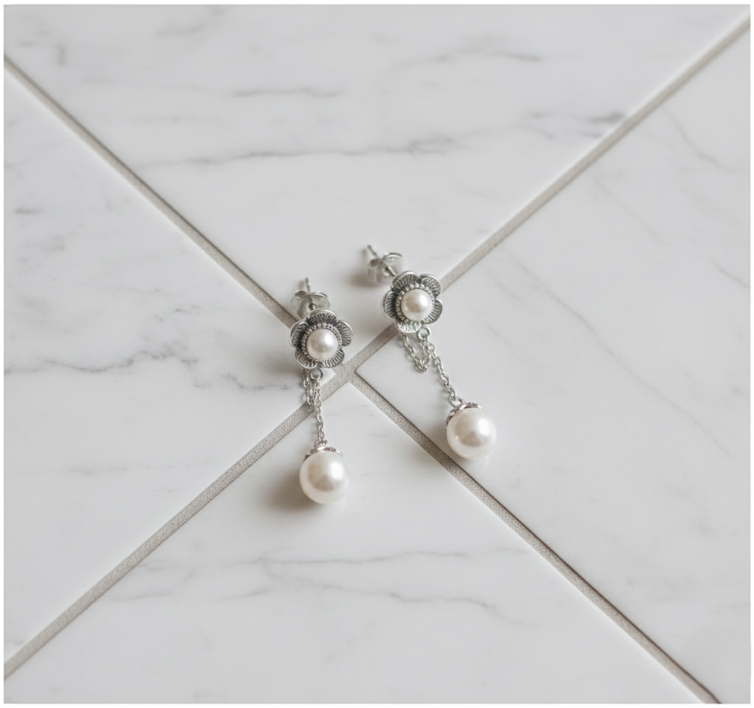 925 sterling silver handmade drop pearl flower earrings with genuine freshwater pearl dangles for women. 🌸🤍✨
