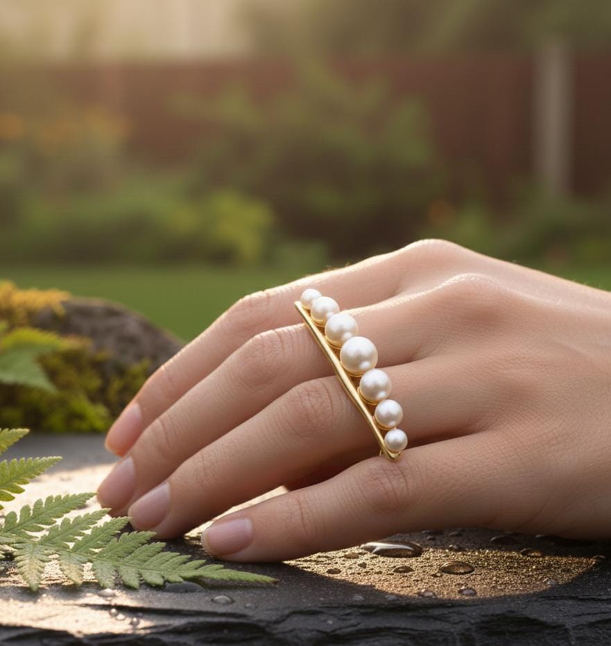 925 sterling silver string of pearl ring with a minimalistic band design, elegant and dainty jewelry for women.