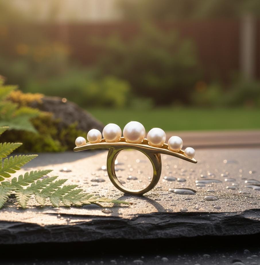 925 sterling silver string of pearl ring with a minimalistic band design, elegant and dainty jewelry for women.