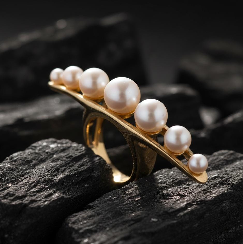 925 sterling silver string of pearl ring with a minimalistic band design, elegant and dainty jewelry for women.