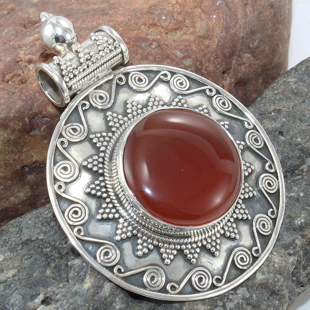 Round Red Onyx 925 Sterling Silver Handmade Oxidized Beaded Pendant