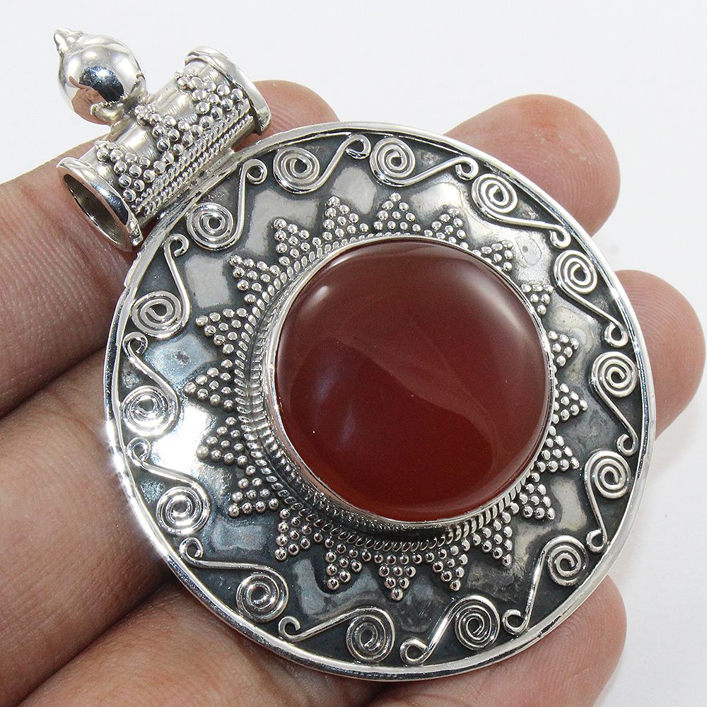 Round Red Onyx 925 Sterling Silver Handmade Oxidized Beaded Pendant