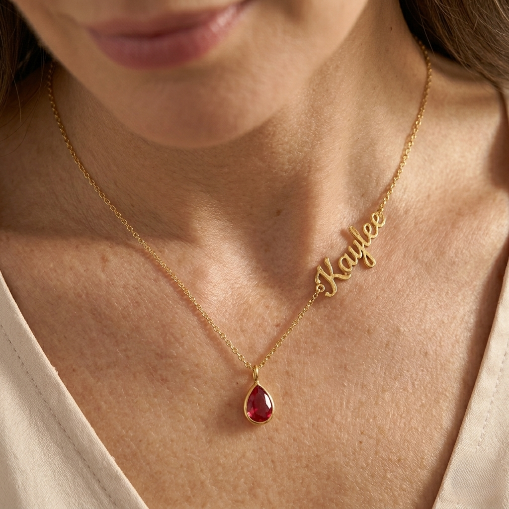 Personalized gold name necklace with red teardrop birthstone pendant worn by a woman, elegant custom script jewelry gift for women in minimalist style.