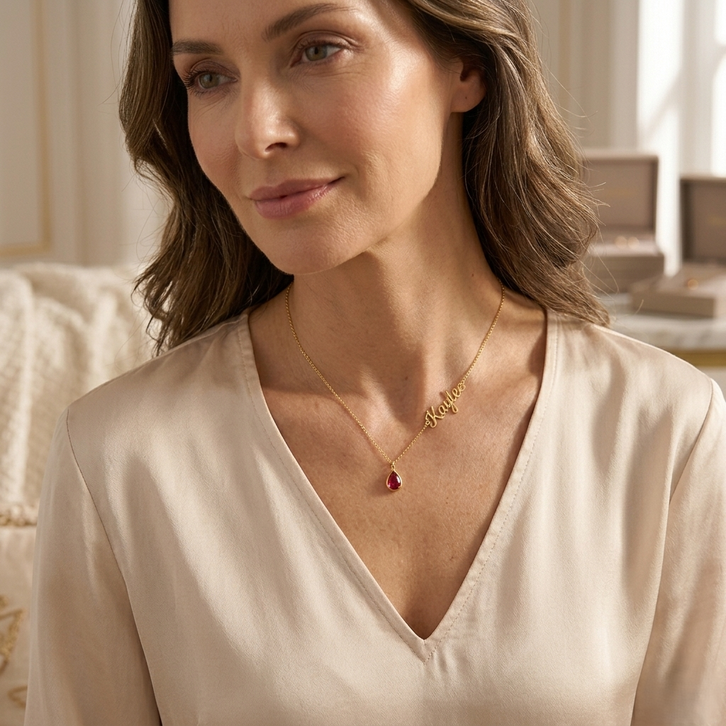 Personalized gold name necklace with red teardrop birthstone pendant worn by a woman, elegant custom script jewelry gift for women in minimalist style.