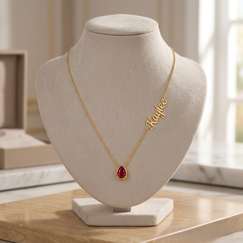 Personalized gold name necklace with red teardrop birthstone pendant worn by a woman, elegant custom script jewelry gift for women in minimalist style.