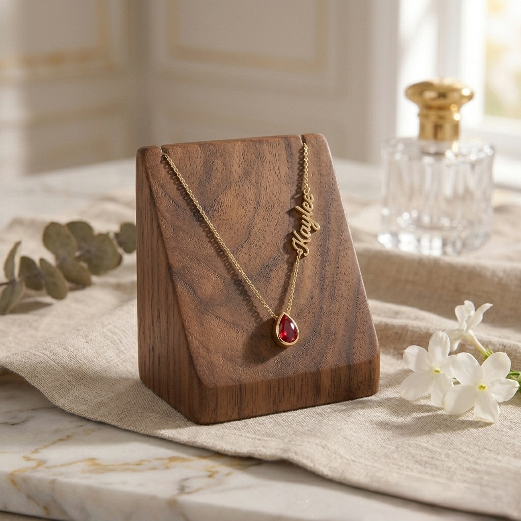 Personalized gold name necklace with red teardrop birthstone pendant worn by a woman, elegant custom script jewelry gift for women in minimalist style.