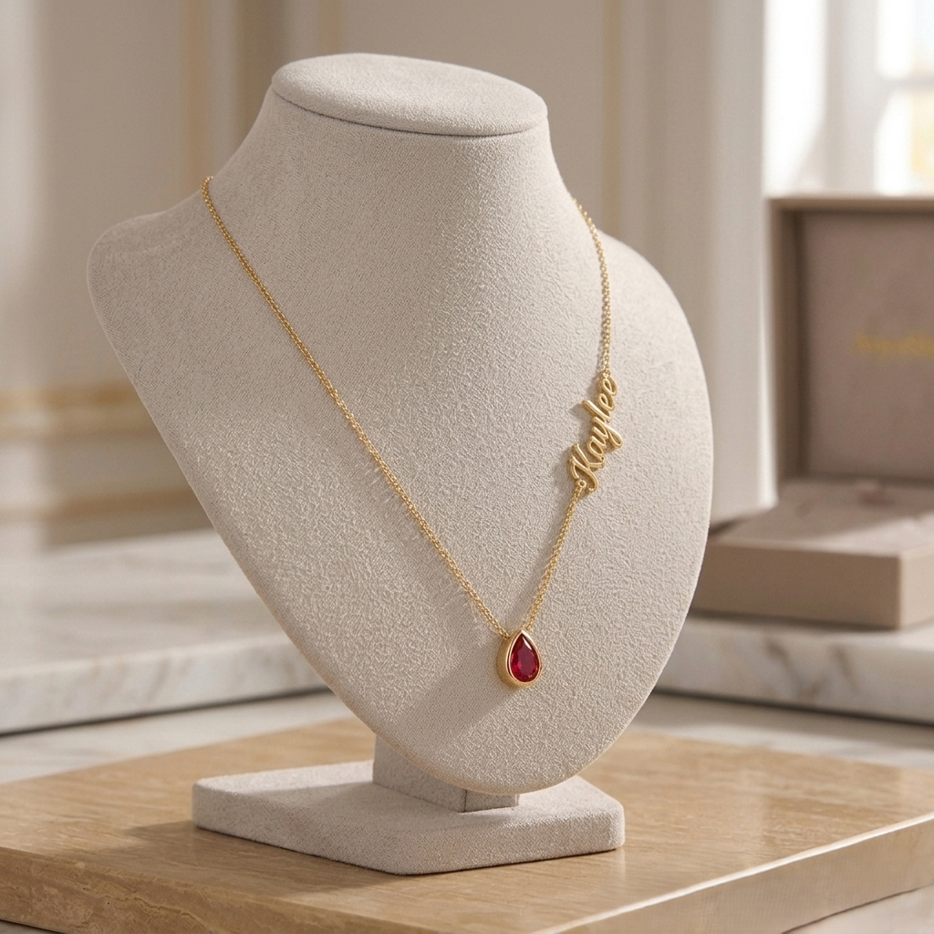 Personalized gold name necklace with red teardrop birthstone pendant worn by a woman, elegant custom script jewelry gift for women in minimalist style.