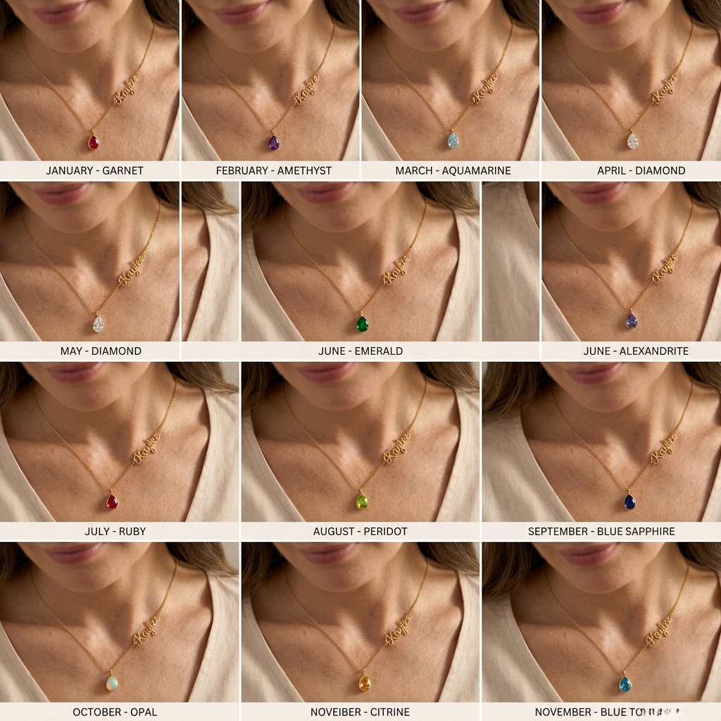 Personalized gold name necklace with red teardrop birthstone pendant worn by a woman, elegant custom script jewelry gift for women in minimalist style.