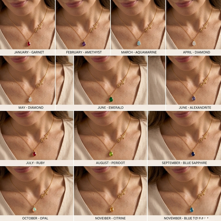 Personalized gold name necklace with red teardrop birthstone pendant worn by a woman, elegant custom script jewelry gift for women in minimalist style.