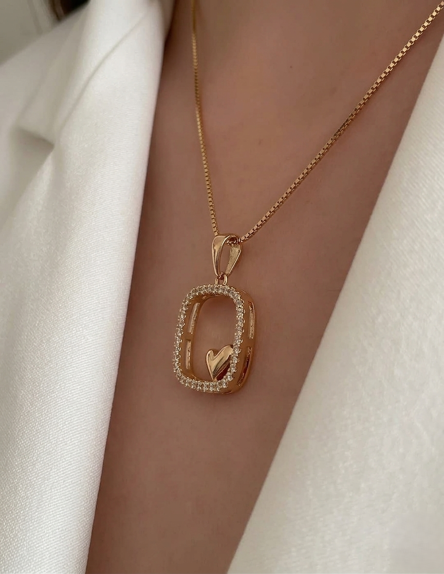 Dainty Gold Heart Necklace – Minimal Square Pendant in 925 Sterling Silver for Women