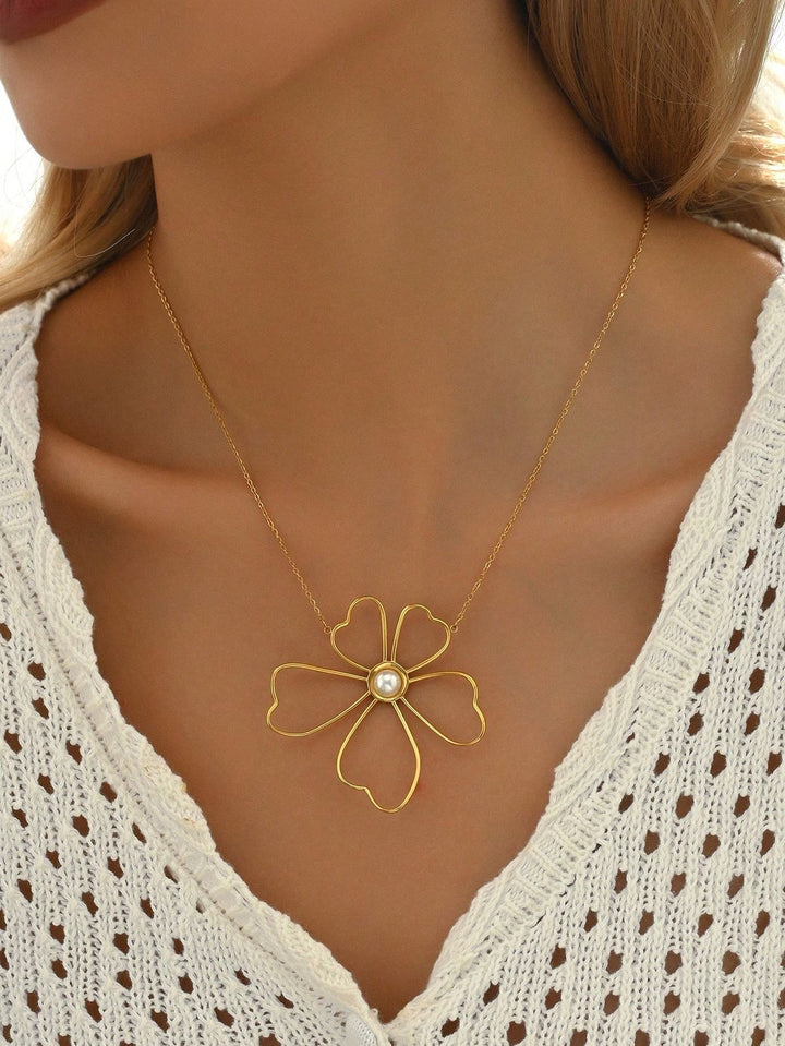 Dainty pearl flower necklace in 925 sterling silver with minimalist floral pendant design, elegant gold jewelry for women, handmade aesthetic pearl necklace gift for her.