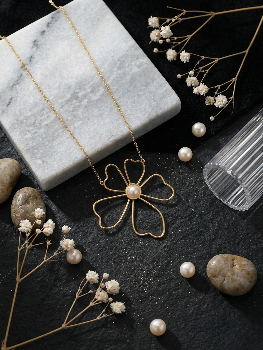 Dainty pearl flower necklace in 925 sterling silver with minimalist floral pendant design, elegant gold jewelry for women, handmade aesthetic pearl necklace gift for her.