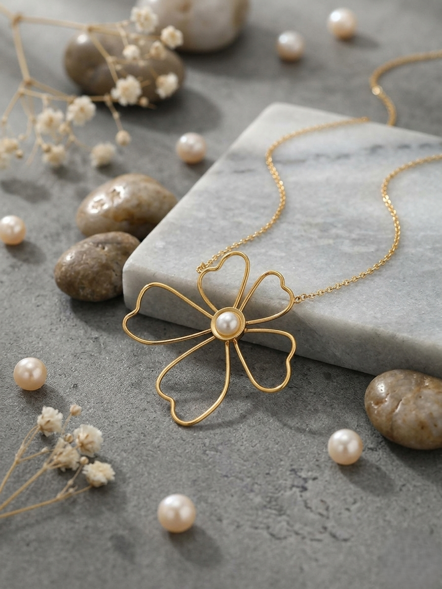 Dainty pearl flower necklace in 925 sterling silver with minimalist floral pendant design, elegant gold jewelry for women, handmade aesthetic pearl necklace gift for her.