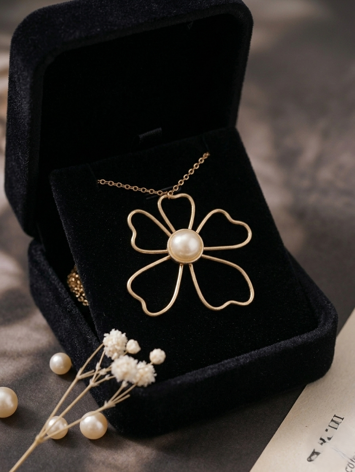 Dainty pearl flower necklace in 925 sterling silver with minimalist floral pendant design, elegant gold jewelry for women, handmade aesthetic pearl necklace gift for her.