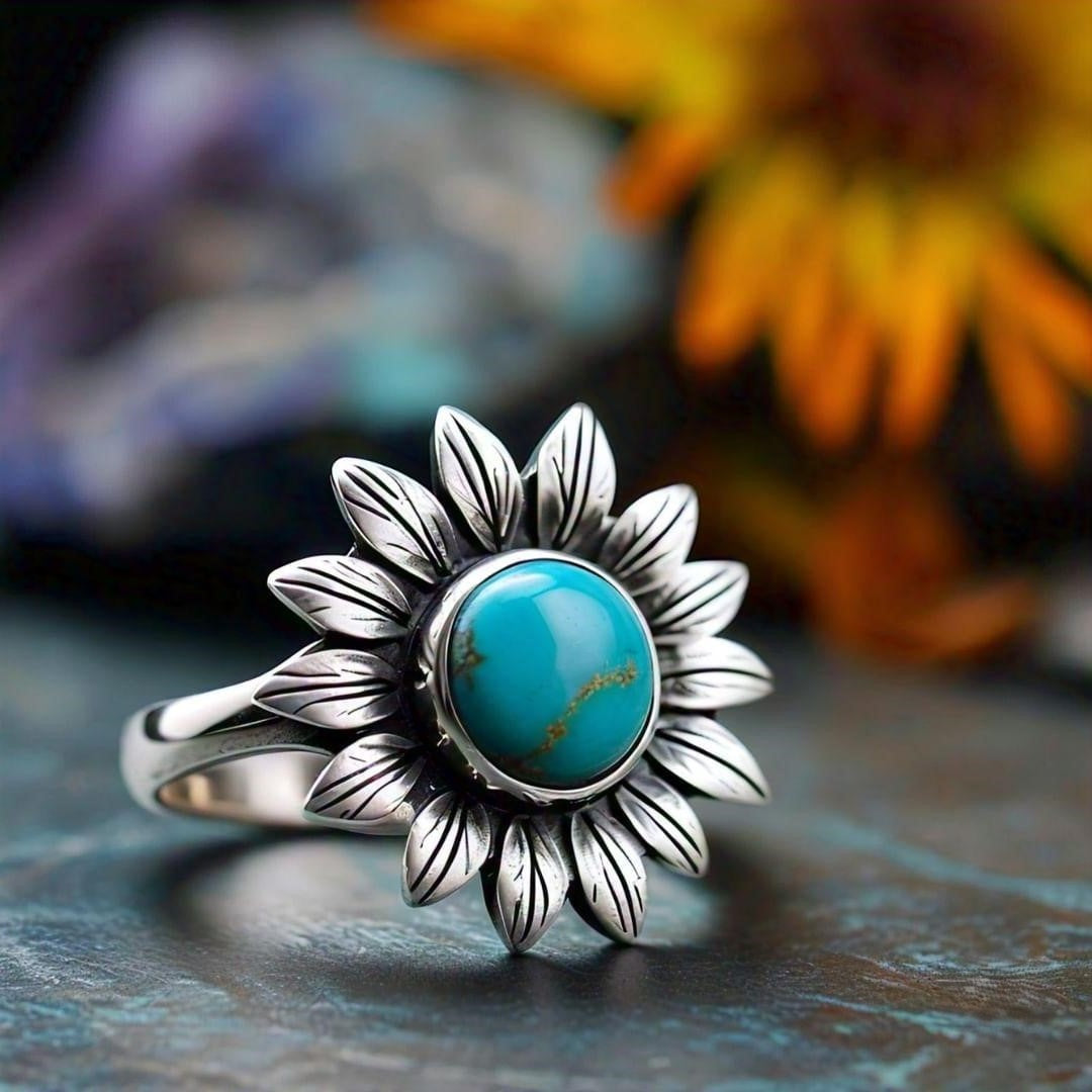 Beautiful turquoise sunflower ring in sterling silver. Boho chic, handcrafted design—perfect gift for her. Durable, elegant, and ideal for everyday wear