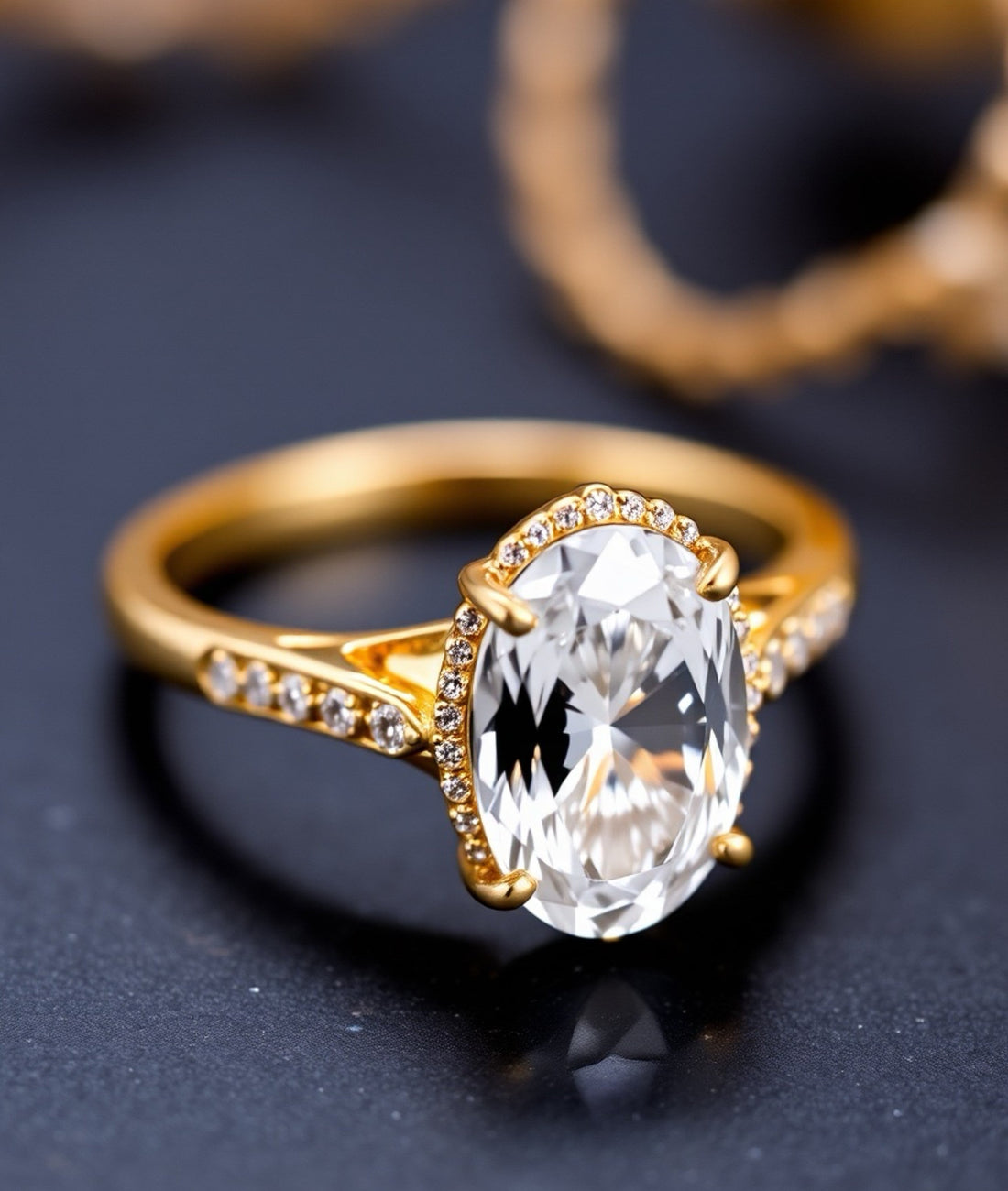 Oval cut diamond halo engagement ring in yellow gold with pavé band, sparkling oval center stone, and elegant bridal design displayed on a dark background.