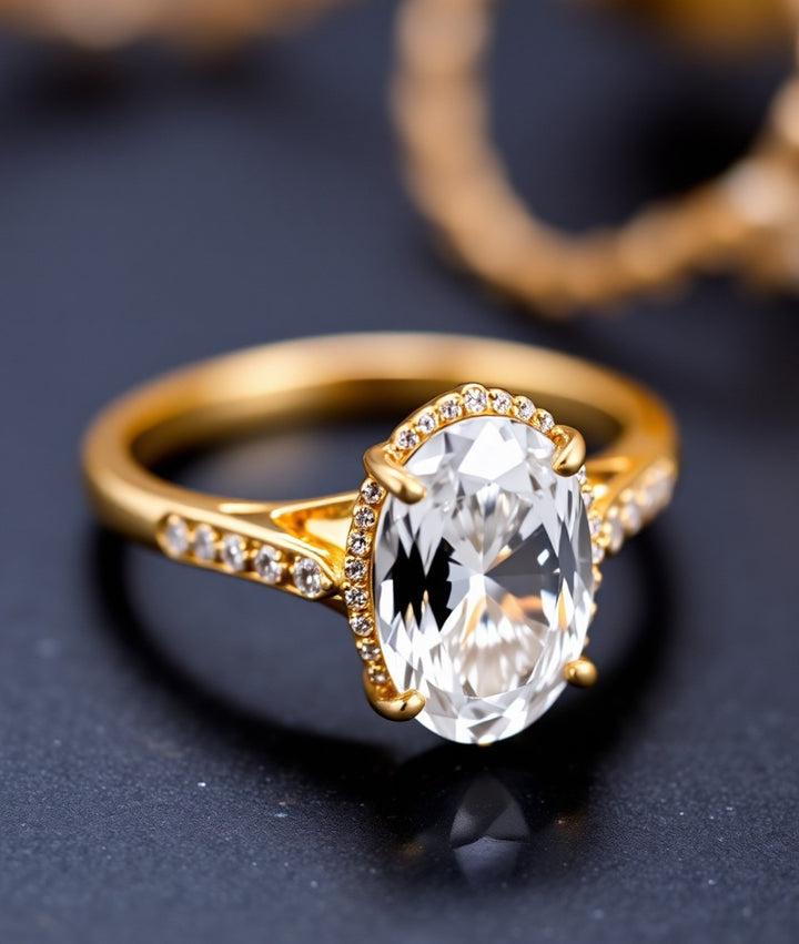 Oval cut diamond halo engagement ring in yellow gold with pavé band, sparkling oval center stone, and elegant bridal design displayed on a dark background.