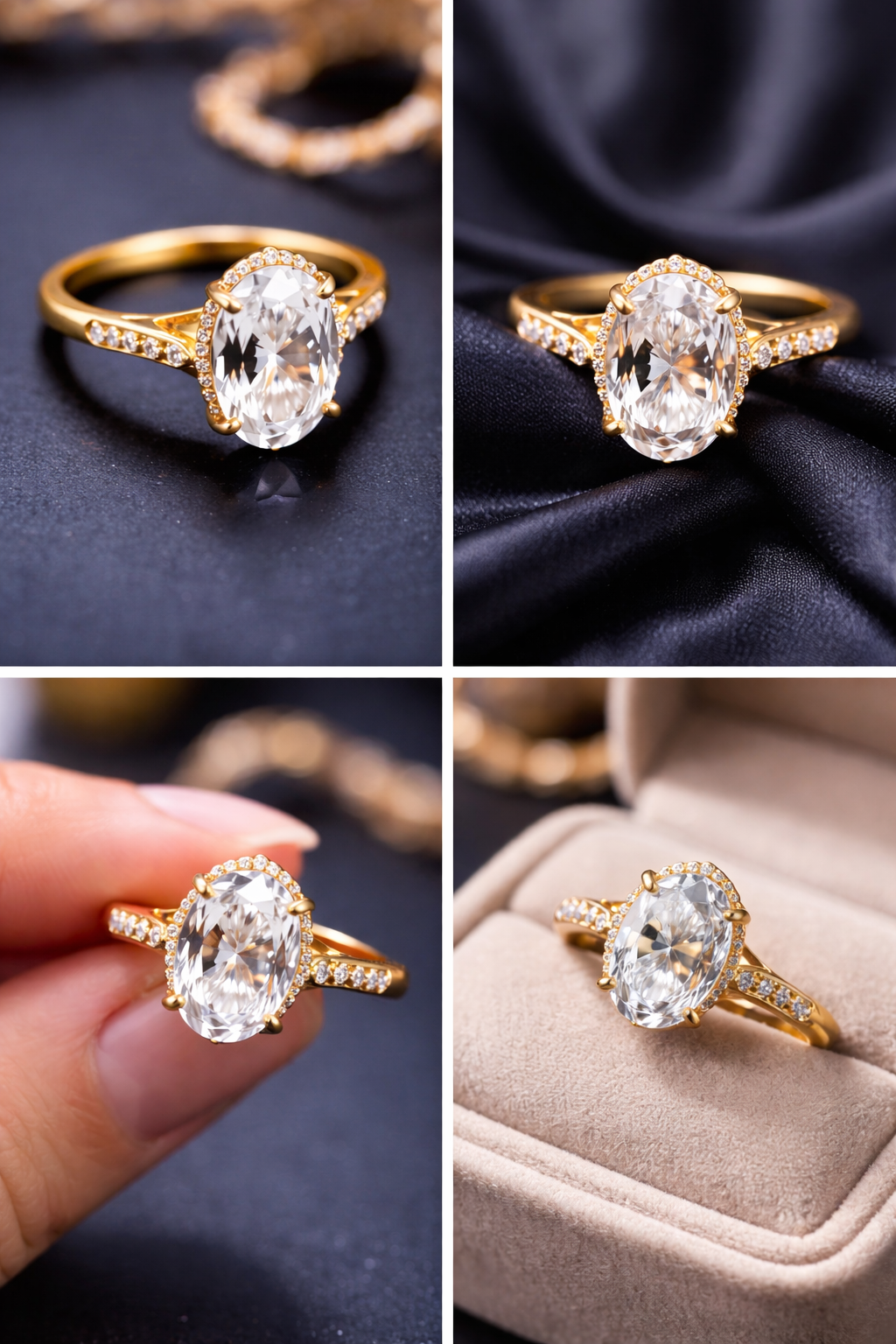Oval cut diamond halo engagement ring in yellow gold with pavé band, sparkling oval center stone, and elegant bridal design displayed on a dark background.