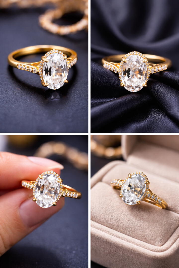 Oval cut diamond halo engagement ring in yellow gold with pavé band, sparkling oval center stone, and elegant bridal design displayed on a dark background.